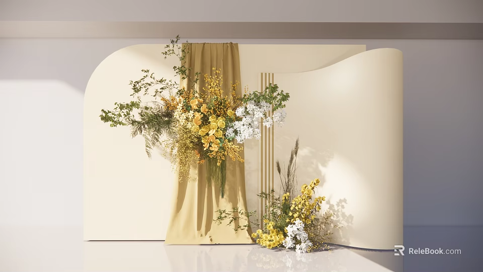 Elegant Curved Backdrop Decorative Scene With Beige Drapes Yellow White Flowers And Green Plants 3d model 