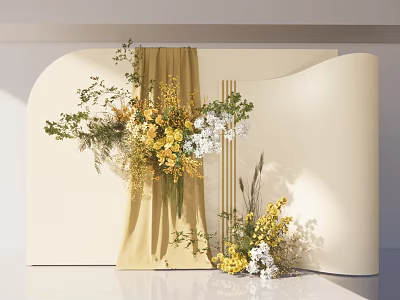 Elegant Curved Backdrop Decorative Scene With Beige Drapes Yellow White Flowers And Green Plants 3d model