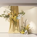 Elegant Curved Backdrop Decorative Scene With Beige Drapes Yellow White Flowers And Green Plants