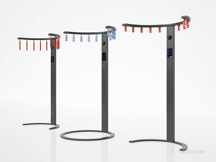 Interactive Zone Standing Equipment With Curved Bars Colorful Hooks And Display Screens 3d model 