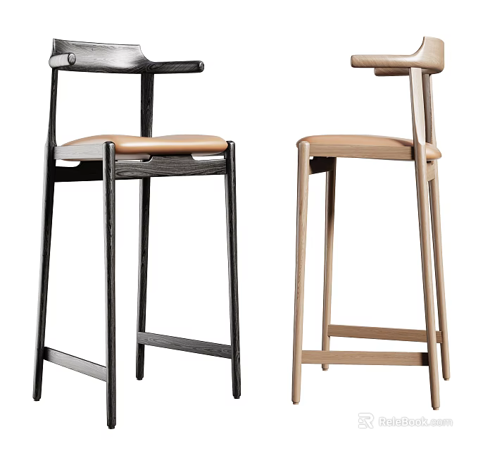 Pair Of Modern Wooden Bar Stools In Black And Beige With Minimalist Backrest Design 3d model 