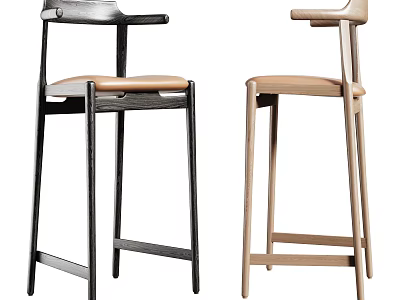 Pair Of Modern Wooden Bar Stools In Black And Beige With Minimalist Backrest Design 3d model