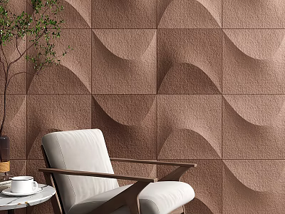 Brown Wavy Texture Background Wall With Beige Chair Round Table White Cup And Green Plant 3d model