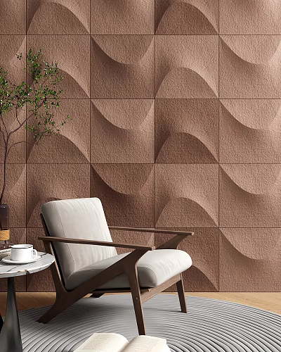 Brown Wavy Texture Background Wall With Beige Chair Round Table White Cup And Green Plant 3d model