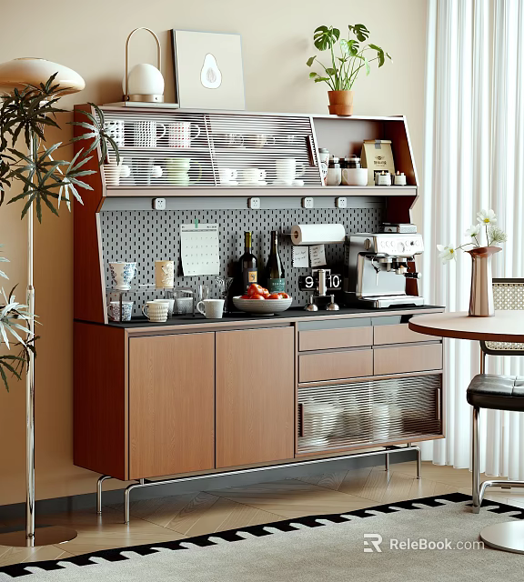 Modern Wooden Sideboard with Open Shelves Mugs Bottles Fruits and Coffee Machine in Kitchen 3d model 