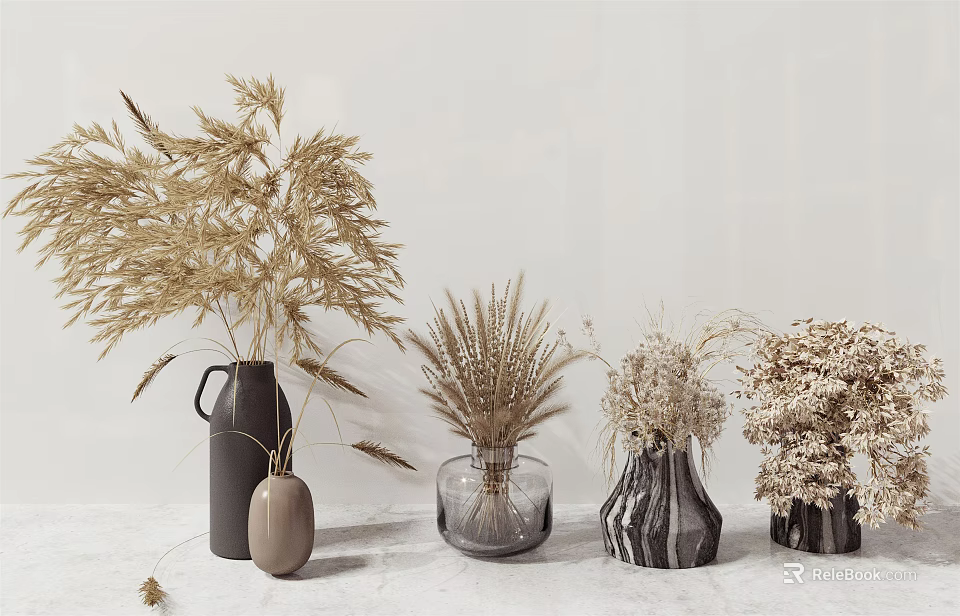 Minimalist Dried Flowers Arrangement With Ceramic Glass And Textured Vases On Neutral Background 3d model 