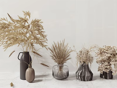Minimalist Dried Flowers Arrangement With Ceramic Glass And Textured Vases On Neutral Background 3d model