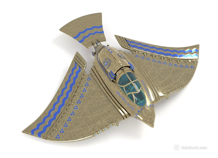 Futuristic Cosmic Spacecraft Featuring Gold Blue Wave Striped Wings And Transparent Windows 3d model 