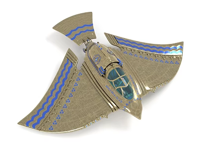Futuristic Cosmic Spacecraft Featuring Gold Blue Wave Striped Wings And Transparent Windows 3d model