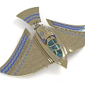 Futuristic Cosmic Spacecraft Featuring Gold Blue Wave Striped Wings And Transparent Windows