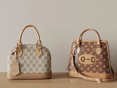 Luxury Beige And Brown Handbags With Logo Pattern Leather Handles And Shoulder Straps 3d model