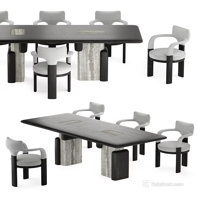 Modern Dining Table Set With Wooden Tabletop And Marble Legs Upholstered Armchairs 3d model 