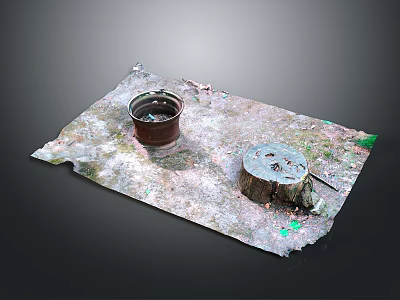 Rustic Scene Component With Worn Surface Metal Bucket Stump And Colorful Spots 3d model