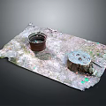 Rustic Scene Component With Worn Surface Metal Bucket Stump And Colorful Spots