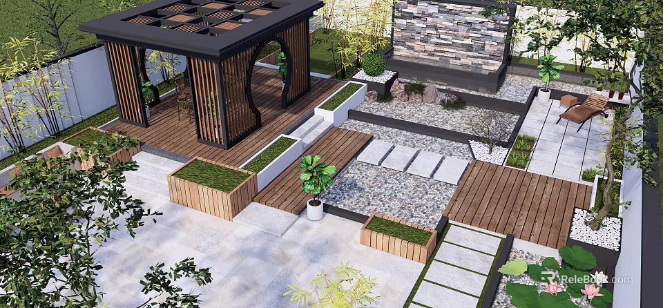 Modern Courtyard Garden Design With Wooden Pergola Wooden Deck Stone Path And Green Plants 3d model 