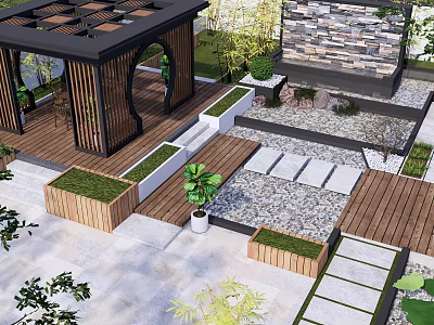 Modern Courtyard Garden Design With Wooden Pergola Wooden Deck Stone Path And Green Plants 3d model