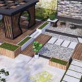 Modern Courtyard Garden Design With Wooden Pergola Wooden Deck Stone Path And Green Plants