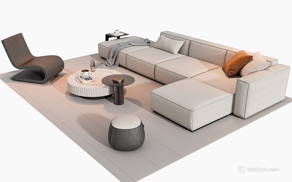 Modern Light Colored Sofa Coffee Table Set With Round Table Pillows And Throw Blanket 3d model 