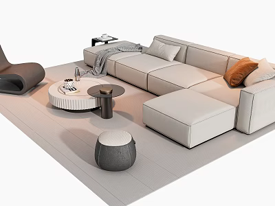 Modern Light Colored Sofa Coffee Table Set With Round Table Pillows And Throw Blanket 3d model