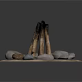 Decorative Garden Ornament With Circular Base Stones And Upright Wooden Logs