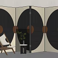 Modern Room Divider Screen With Black Beige Circular Patterns And Lounge Chair Plant