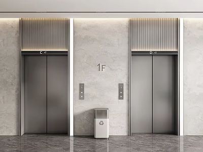 Modern Elevators In 1F Lobby With Marble Wall And Trash Bin 3d model