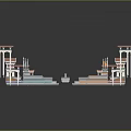 3D Model Commercial Building with Curved Tops Multiple Stalls Red Orange Blue White Symmetrical Layout