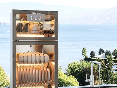 AUCMA Sterilizer With Upper Tableware And Lower Plates Against Lake View Greenery 3d model