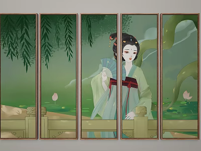 Ancient Chinese Style Five Panel Painting Woman In Traditional Costume Holding Fan Willow Lotus 3d model