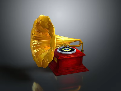 Vintage Gramophone With Golden Horn Red Wooden Base And Classic Design 3d model