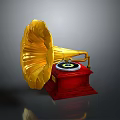 Vintage Gramophone With Golden Horn Red Wooden Base And Classic Design