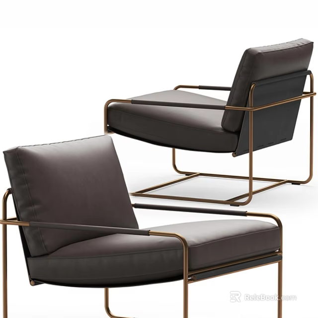 Modern Dark Brown Leather Leisure Chair With Gold Metal Frame And Comfortable Design 3d model 