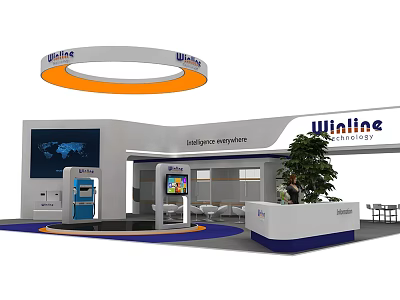 Winline Technology Modern Exhibition Booth With Large Screen Self Service Kiosk Reception Desk And Plant 3d model