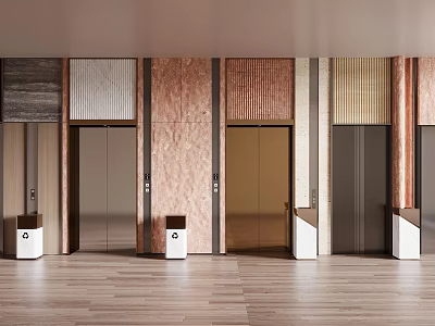 Modern Elevator Lobby With Decorative Wall Panels And Multiple Elevators 3d model