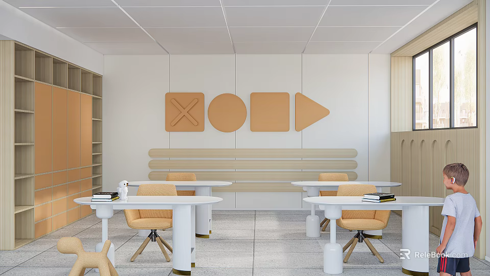 Book Art Interior Space With Wooden Bookshelves Decorative Shapes Tables And Yellow Chairs 3d model 