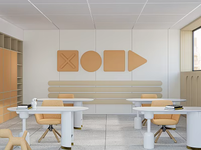 Book Art Interior Space With Wooden Bookshelves Decorative Shapes Tables And Yellow Chairs 3d model