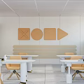 Book Art Interior Space With Wooden Bookshelves Decorative Shapes Tables And Yellow Chairs