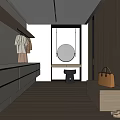 Modern Walk-in Closet Interior Design With White Countertop Hanging Clothes Round Mirror And Wooden Cabinets