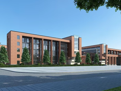 Modern Red Brick School Building With Green Trees Wide Road And Blue Sky Exterior View 3d model