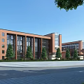 Modern Red Brick School Building With Green Trees Wide Road And Blue Sky Exterior View