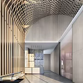 Modern Luxury Sales Office With Curved Wooden Ceiling Sand Table Large Windows Bookshelves And Staircase