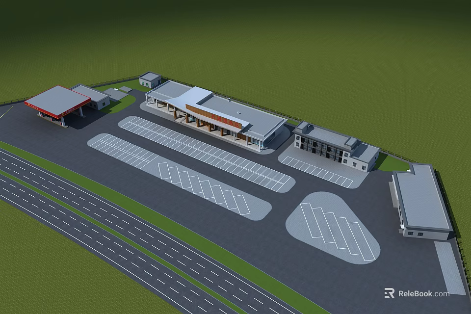 Modern Gas Station Building Design With Parking Areas And Road Access 3d model 