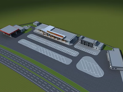 Modern Gas Station Building Design With Parking Areas And Road Access 3d model