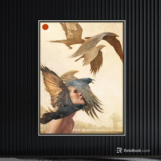 Framed Animal Painting With Flying Birds Human Head Red Sun And Trees 3d model 