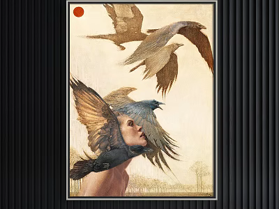 Framed Animal Painting With Flying Birds Human Head Red Sun And Trees 3d model