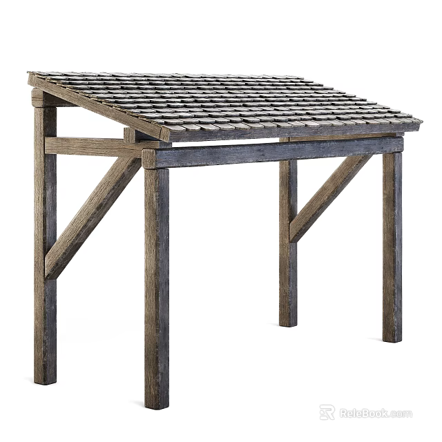 Outdoor Wooden Pergola Structure With Sloped Tile Roof And Support Beams 3d model 