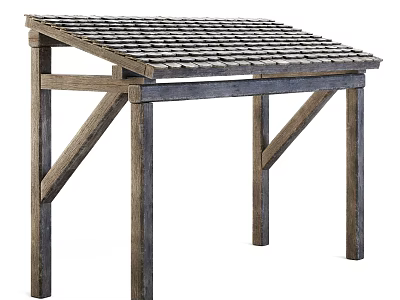 Outdoor Wooden Pergola Structure With Sloped Tile Roof And Support Beams 3d model