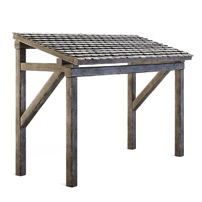 Outdoor Wooden Pergola Structure With Sloped Tile Roof And Support Beams 3d model