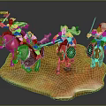 Game Movie Characters Knights With Green Headscarves Armor Weapons And Colored Horses On Orange Base