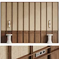 Wooden Vertical Striped Background Wall With Metal Accent Strips And White Bases